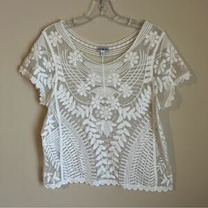 Express White Embroidered Floral Lace Short Sleeve Sheer Blouse Top Size Medium